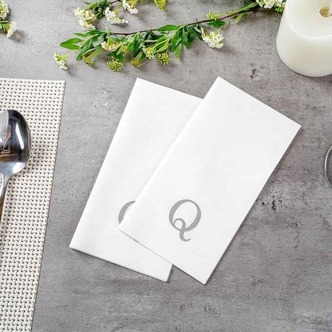 Luxenap 15.8 X 7.9 Inch Linen-Feel Guest Towels, 50 Lettered Hand Towels - Silver Letter 'Q', Sans Serif Font, White Paper Dinner Napkins, airlaid, For Restrooms And Tables - Restaurantware
