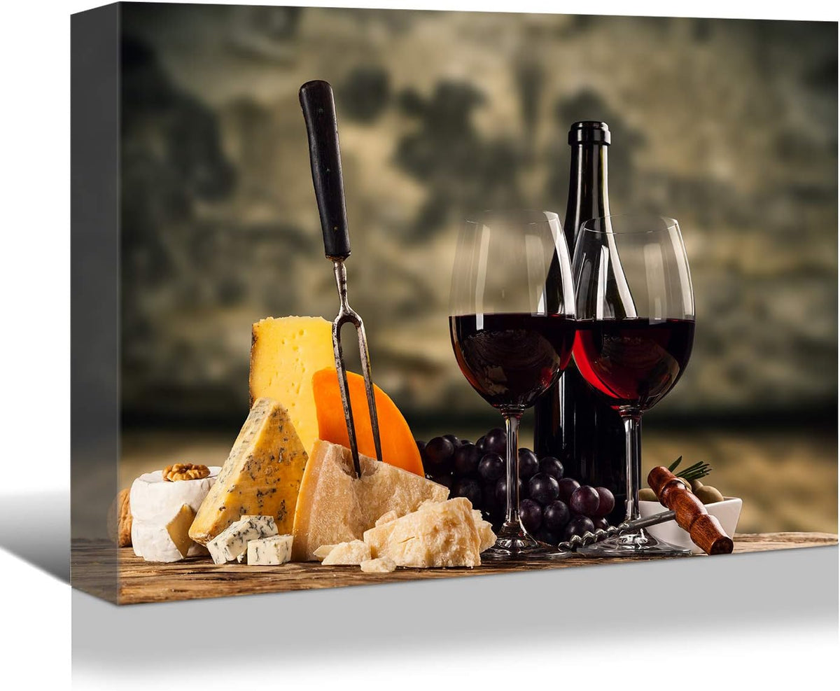 Looife Kitchen Still Life Canvas Wall Art, 36x24 Inch Gallery Wrapped Red Wine with Cheese Picture Prints Wall Decor, Food Art Deco for Dining Room and Bar Decoration