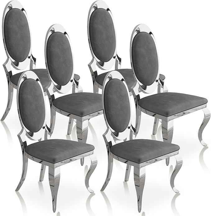 Modern Dining Chairs Set of 6, Luxury Velvet Upholstered Armless Dining Room Chair with Mirrored Stainless Steel Silver Legs, Mid Century Accent for Wedding Party Banquet Reception, Grey