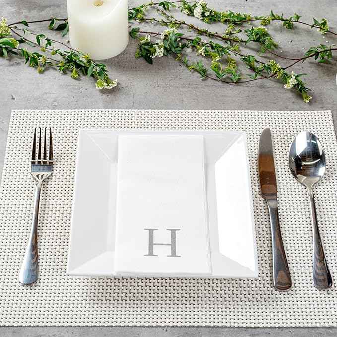 Luxenap 15.8 X 7.9 Inch Linen-Feel Guest Towels, 50 Lettered Hand Towels - Silver Letter 'H', Sans Serif Font, White Paper Dinner Napkins, airlaid, For Restrooms And Tables - Restaurantware