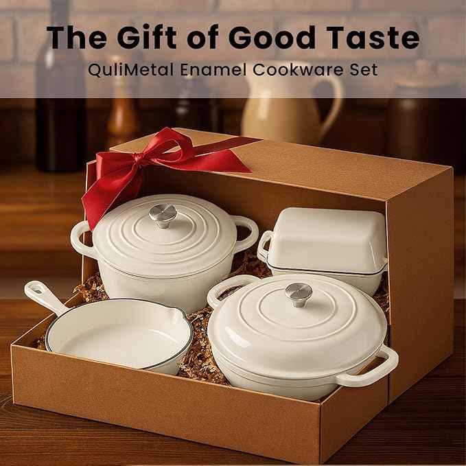 QuliMetal Enameled Cast Iron Cookware Set, 5-Piece – 2.3QT Dutch Oven, 4.7QT Braiser, 10" Skillet, 9x5" Oval Bread Pan & Rack – Versatile Oven-Safe Enamel Cast Iron Pots and Pans for Home Cooking