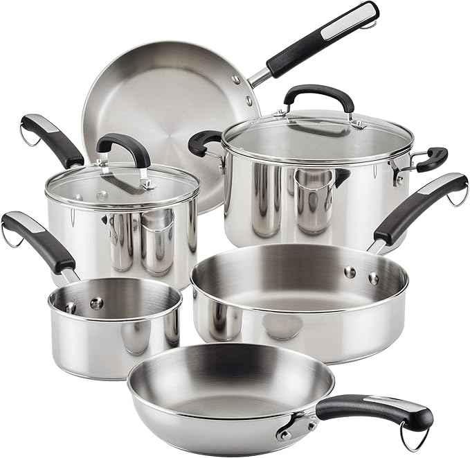 Farberware Brilliance Stainless Steel Cookware Pots and Pans Set with Kitchen Cooking Tools and Glass Lids, 10 Piece, Dishwasher Safe and Induction Ready, Stainless Steel