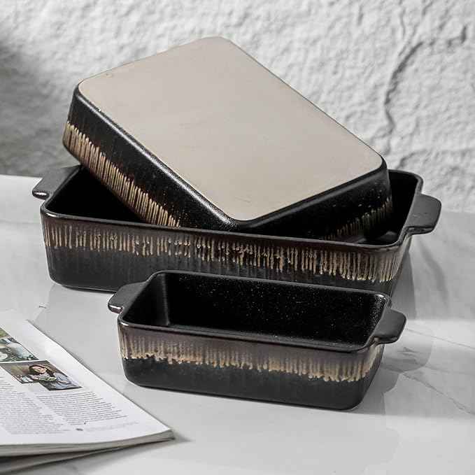 KOOV Bakeware Set, Ceramic Baking Dish, Rectangular Baking Pans Set, Casserole Dish for Cooking, Cake Dinner, Kitchen 9 x 13 Inches, 3-Piece, Stripe Series (Rough Black)