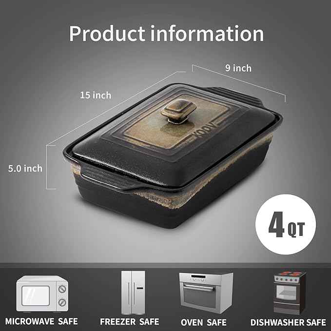 KOOV Ceramic Casserole Dish with Lid, Rectangular Baking Dish Set, Lasagna Pans for Cooking, 9 x 13 Inches, Stripe Series (Rough Black)