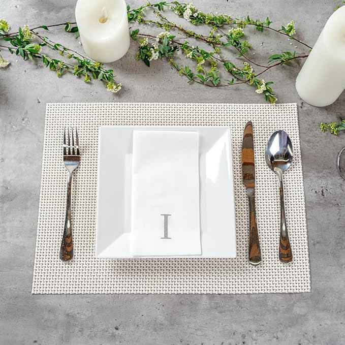Luxenap 15.8 X 7.9 Inch Linen-Feel Guest Towels, 2000 Lettered Hand Towels - Silver Letter 'I', Sans Serif Font, White Paper Dinner Napkins, airlaid, For Restrooms And Tables - Restaurantware
