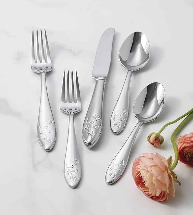 Lenox Silverware Set For 12, Butterfly Meadow 65-Piece Flatware Set, Service For 12, 18/10 Stainless Steel, Dishwasher Safe, Butterfly and Flower Motif, Includes Serving Utensils (Silver, 65 Piece)