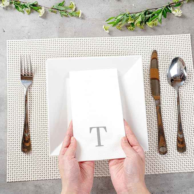 Luxenap 15.8 X 7.9 Inch Linen-Feel Guest Towels, 50 Lettered Hand Towels - Silver Letter 'T', Sans Serif Font, White Paper Dinner Napkins, airlaid, For Restrooms And Tables - Restaurantware