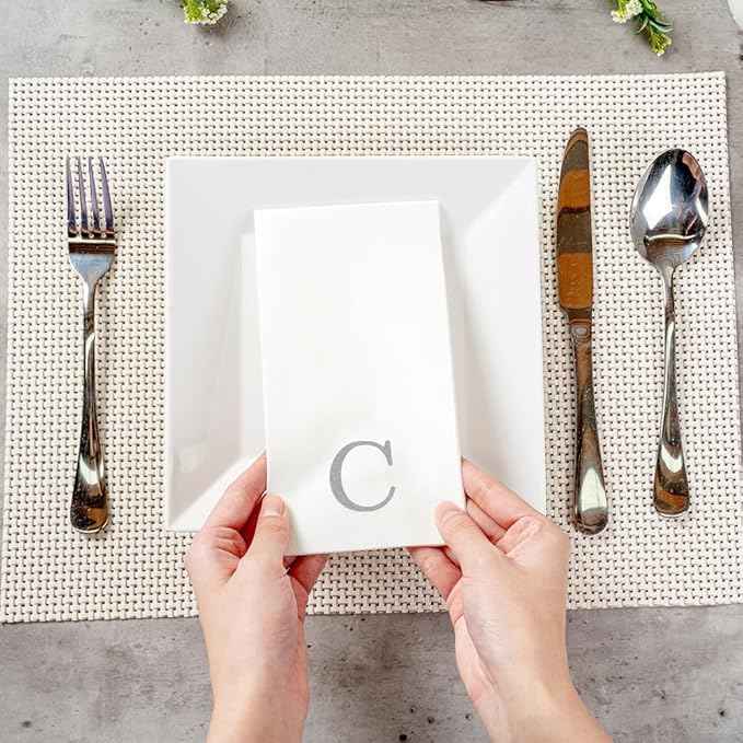 Luxenap 15.8 X 7.9 Inch Linen-Feel Guest Towels, 2000 Lettered Hand Towels - Silver Letter 'C', Sans Serif Font, White Paper Dinner Napkins, airlaid, For Restrooms And Tables - Restaurantware
