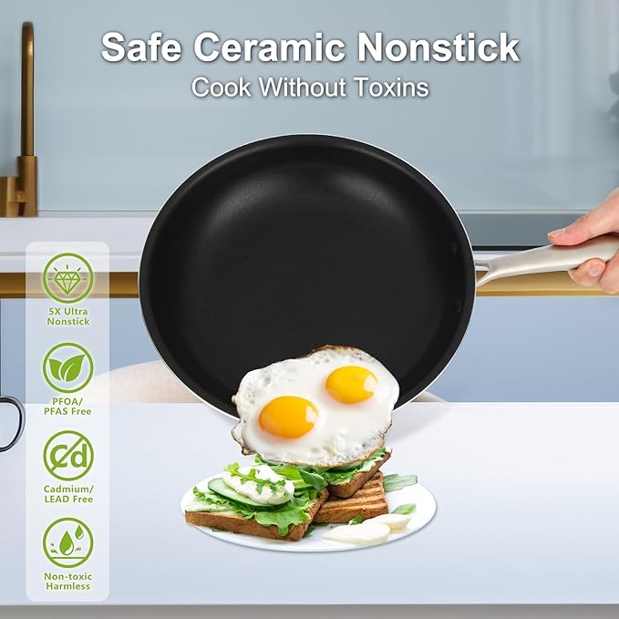 Pots and Pans Set Nonstick, 5-Piece Ceramic Cookware Set, Stainless Steel Handles, Induction Compatible & Oven Safe, Non Toxic Healthy Cooking Set for RV & Apartments, Matte Black