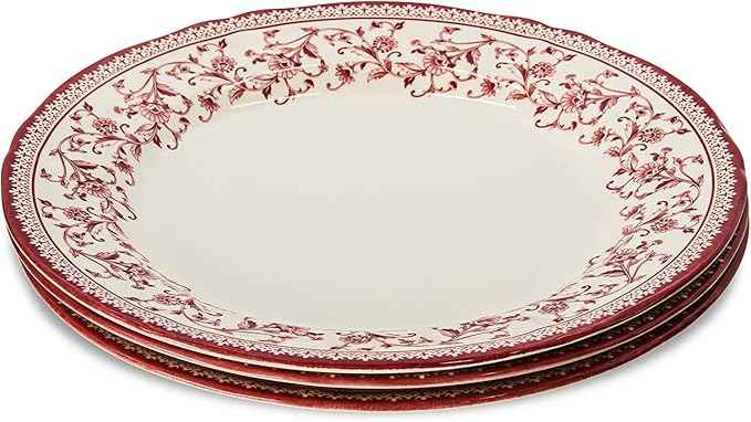 Tudor Royal 24-Piece Round Dinnerware Set, Service for 6, Aster Pink Design, Red Floral, Plates Bowls Mugs Dishes, High Gloss Premium Quality