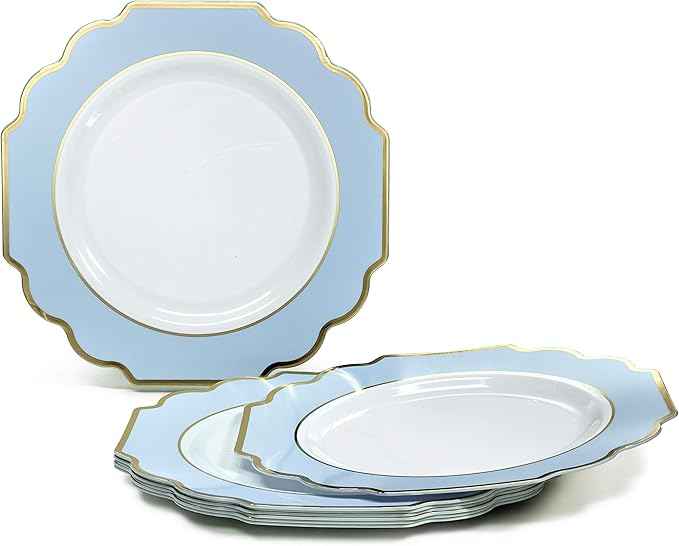 " OCCASIONS " 640 Piece set (80 Guests)-Heavyweight Wedding Party Disposable Plastic Plate Set - 80 x 10.5'' + 80 x 8'' + Silverware + Cups + Napkins (Imperial in White & Blue & Gold)