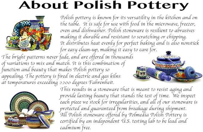 Polmedia Polish Pottery Round Baker with Handles 10-inch - Auntie Em Sapphire Pattern Handmade in Boleslawiec Poland by Ceramika Artystyczna + Certificate of Authenticity
