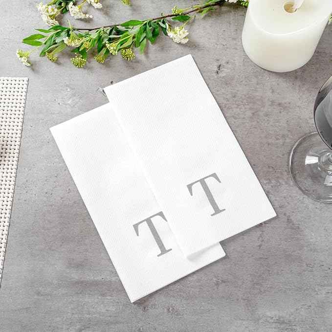 Luxenap 15.8 X 7.9 Inch Linen-Feel Guest Towels, 2000 Lettered Hand Towels - Silver Letter 'T', Sans Serif Font, White Paper Dinner Napkins, airlaid, For Restrooms And Tables - Restaurantware