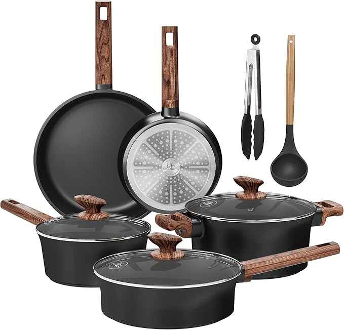 Kitchen Academy Ceramic Pots and Pans Set Non Stick - 10 Pcs Induction Cookware Set Non Toxic, Healthy Nonstick Black Cooking Pans Set, PFAS/PTFE/PFOA & PFOS Free