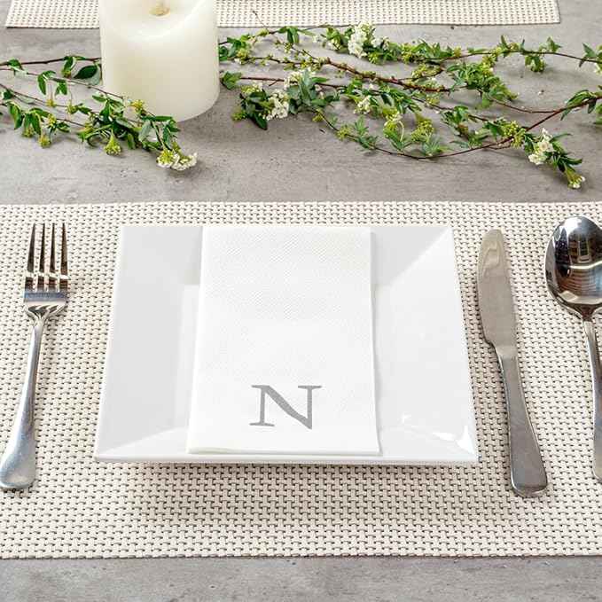 Luxenap 15.8 X 7.9 Inch Linen-Feel Guest Towels, 2000 Lettered Hand Towels - Silver Letter 'N', Sans Serif Font, White Paper Dinner Napkins, airlaid, For Restrooms And Tables - Restaurantware