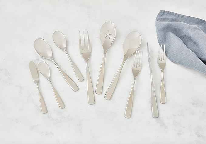 nambe Anna Flatware, 45-Pc Set, 18/10 Mirror Stainless Steel Silverware Cutlery Set, Designed for Home Kitchens, Hotel, or Restaurants, Service for 8 and a 3pc Hostess Utensil Set, Dishwasher Safe
