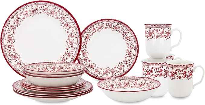 Tudor Royal Collection 16 Piece Round Dinnerware Set, Service for 4, Aster Pink Design, Red Floral, Plates Bowls Dishes, High Gloss Premium Quality