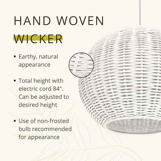 KOUBOO Lamp Wicker Ball Pendant – Boho Rattan Ceiling Light Fixture for Dining Room, Kitchen Island & Living Room Décor – Modern Farmhouse Pendant Light Shade, White
