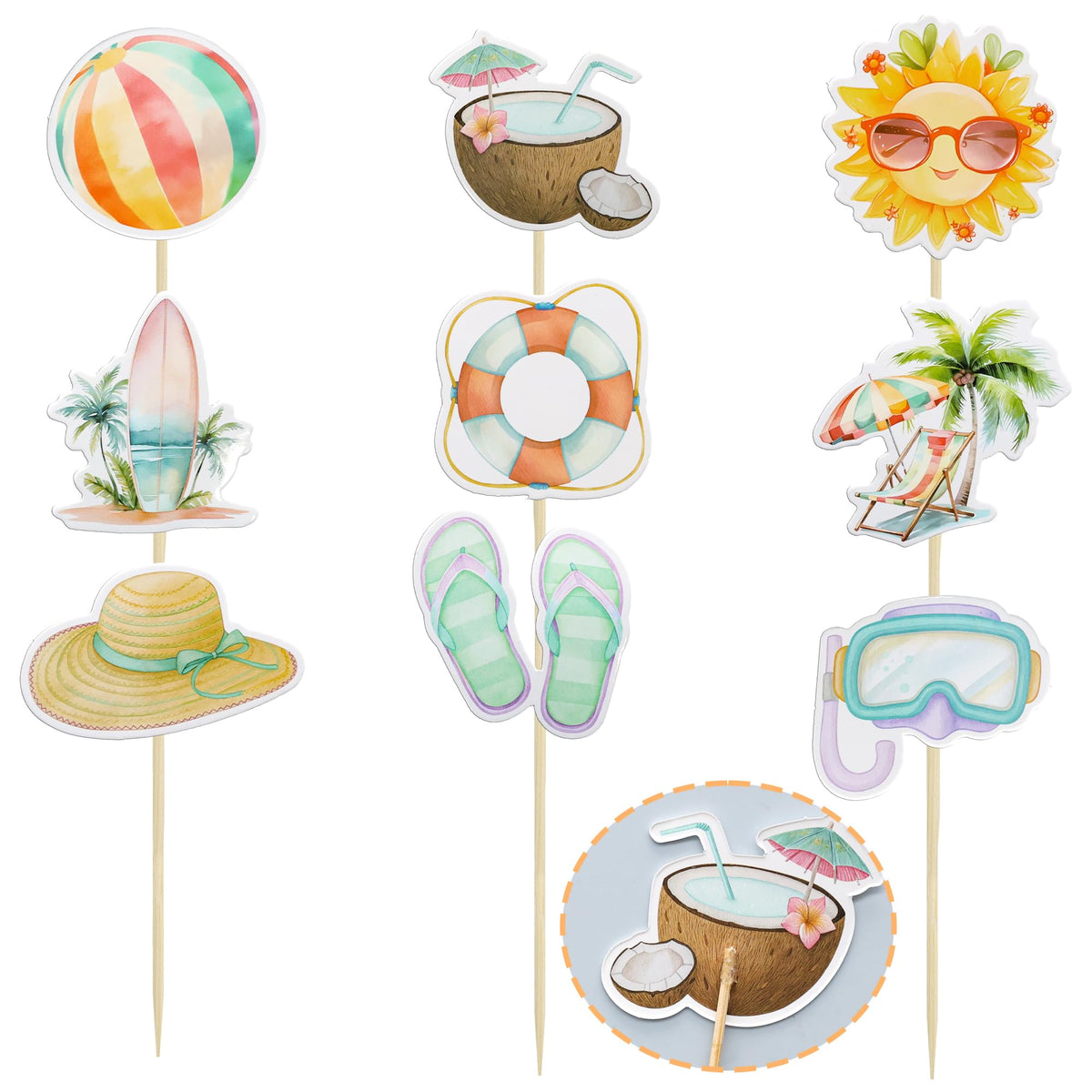 36Pcs Summer Beach Pool Cupcake Toppers Ball Sun Umbrella Diving Goggles Watermelon Water Gun Slippers Cupcake Picks Baby Shower Hawaii Theme Birthday Party Cake Decorations Supplies Multi (Multi 2)