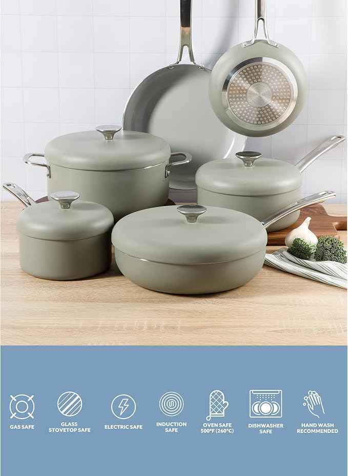 Sur La Table Kitchen Essentials Potluck Porch 10 Piece PFA Free Ceramic Non stick Interior Forged Aluminum Cookware Pots and Pans Set W/Aluminum Lids - Green - Induction Compatible