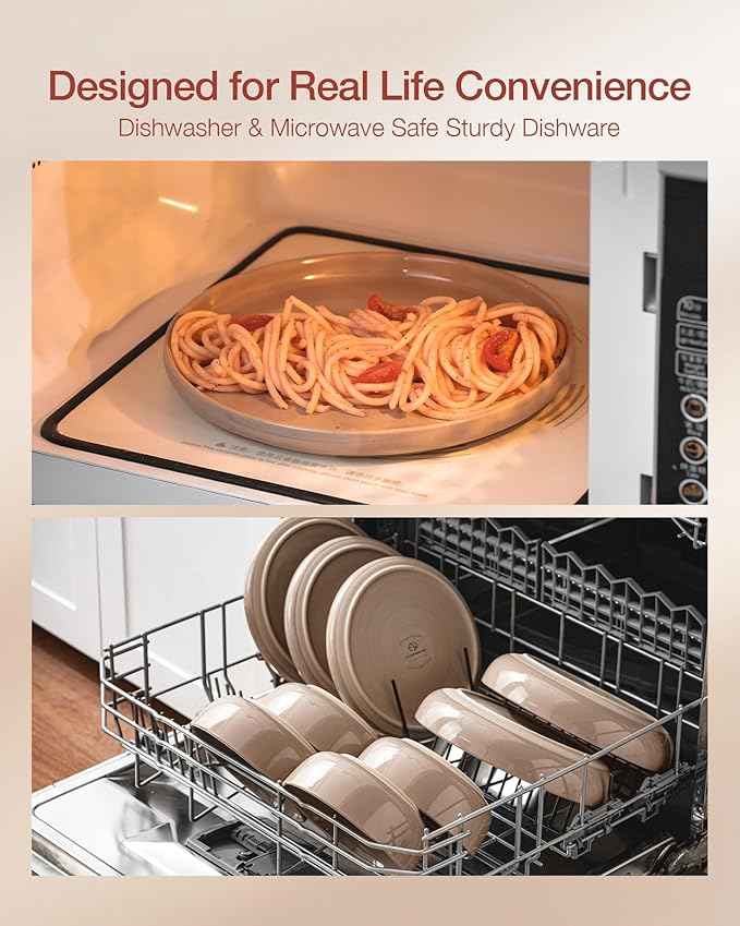 Famiware Milkyway Stoneware Dinnerware Sets with Pasta Bowls, Service for 6 (24 Pieces), Plates and Bowls Sets -Scratch Resistant, Microwave and Dishwasher Safe Dishes Set, Cinnamon Brown