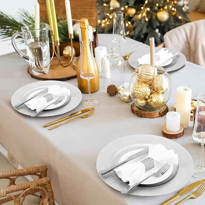 Tanlade 50 Pcs Silver Charger Plates Bulk, 13" Round Plastic Dinner Charger Plate, Shiny Silver Table Chargers Serving Plates Catering Tabletop for Thanksgiving Halloween Christmas Wedding Party Decor