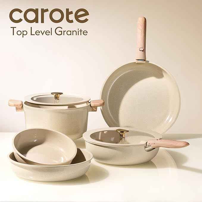 CAROTE 25PCS Ceramic Cookware Set, Pots and Pans set Non Stick, RV Kitchen Cooking Set Removable Handles, Oven Safe, Induction Cookware, Non-toxic Kitchen Cooking Set, PFAS and PFOA Free