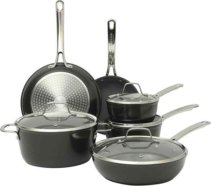 Sur La Table Kitchen Essentials Cool Commune Hard Anodized 10 Piece PFA Free Ceramic Non stick Interior Forged Durable Aluminum Pots and Pans Cookware Set - Black - Induction Compatible
