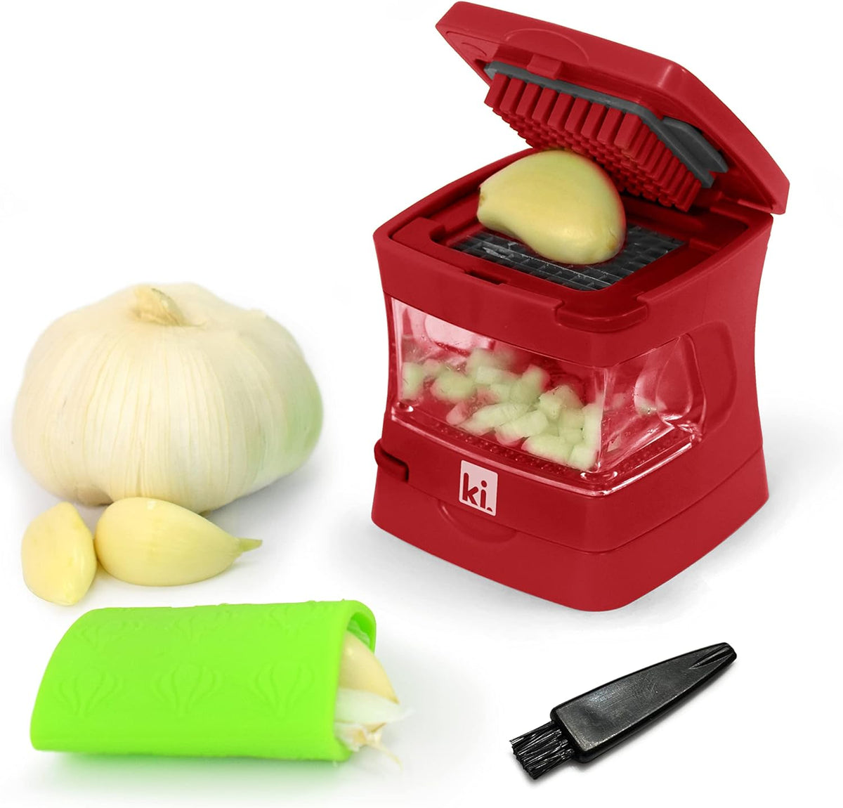 Garlic-A-Peel Garlic Press, Crusher, Cutter, Mincer, and Storage Container - Includes Silicone Garlic Peeler - Easy to Clean - Stainless Steel Blades – (Red), standard - HomeSpice
