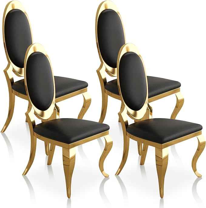 Modern Dining Chairs Set of 4, Luxury Faux Leather Upholstered Armless Dining Room Chair with Mirrored Stainless Steel Gold Legs, Mid Century Accent for Wedding Party Banquet Reception, White