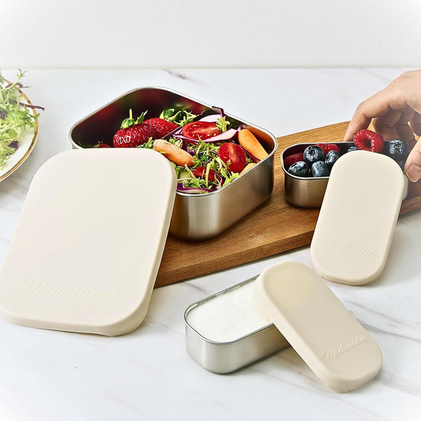 Flexibento - Leak proof Stainless Steel Lunch Box | Lunch Containers| Steel Bento Box |Sandwich Containers| Snack Containers |Metal lunch Box |Vanilla| 1 * 27 OZ+2 * 6.5 OZ|SIlicone lids