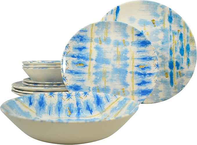 Tudor Royal 12-Piece Round Porcelain Dinnerware Set, Service for 4 - Ocean Blue Design, Plates Bowls Dishes, Premium Quality Tableware, Unique Pattern, Glossy