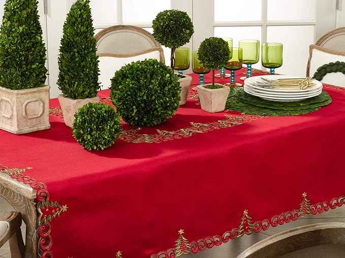 Fennco Styles Pandoro Collection Holiday Embroidered Christmas Tree Cutwork Border 67 x 140 Inch Tablecloth – Red Table Cloth for Christmas Dinner, Family Gathering, Special Events and Home Décor