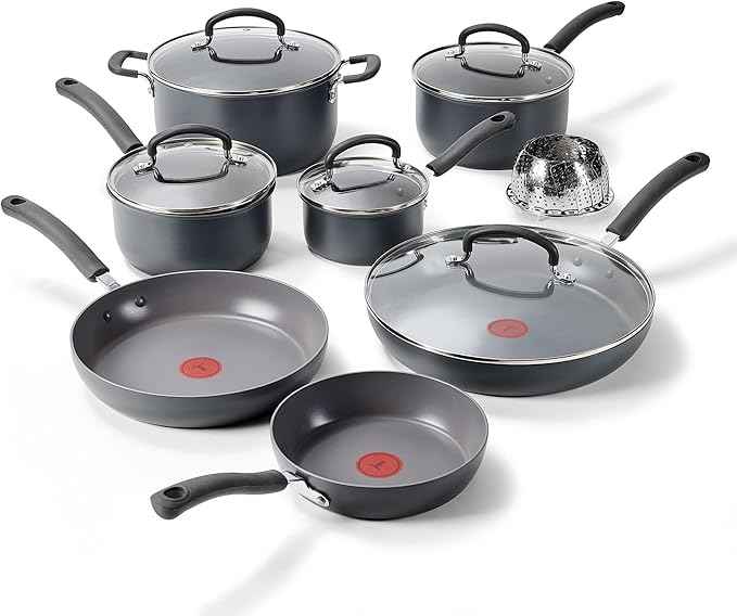 T-Fal Ultimate Hard Anodized Nonstick 13 Piece Cookware Set, Oven Safe Up to 400°F, Pots and Pans Set, Includes Frying Pans, Saucepan, Stockpot, Cooking Utensils, Grey