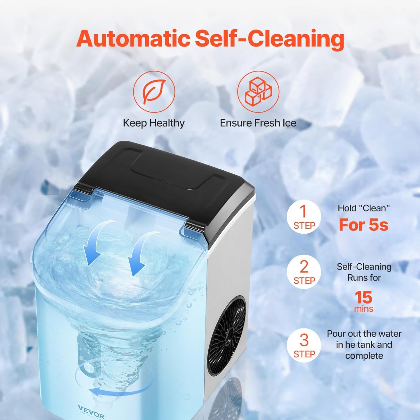 VEVOR Nugget Ice Maker, 33lbs/24H Pebble Ice Maker with Self Cleaning, Chewable Ice Maker with Ice Scoop & Basket, Stainless Steel Ice Machine with Transparent Lid for Home Kitchen Office Bar Party