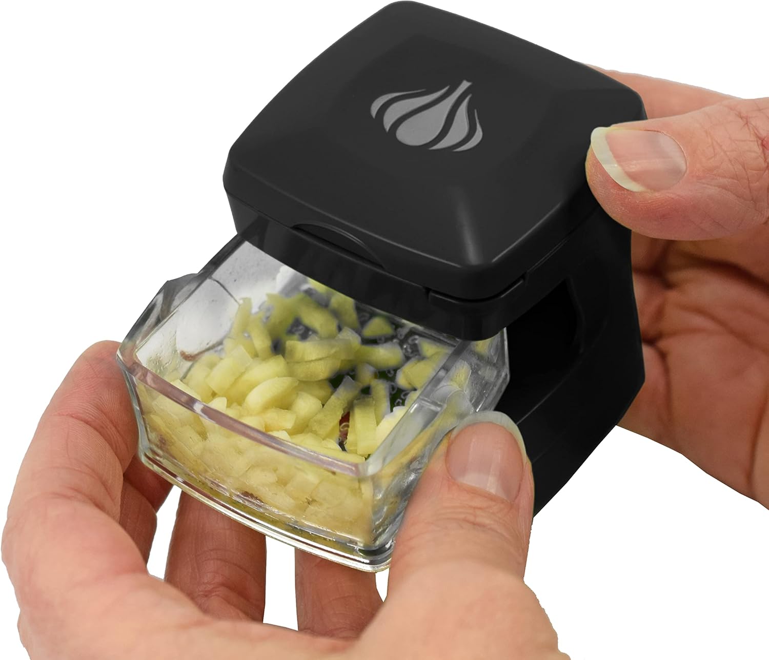Garlic-A-Peel Garlic Press, Crusher, Cutter, Mincer, and Storage Container - Includes Silicone Garlic Peeler - Easy to Clean - Stainless Steel Blades – (Black), standard - HomeSpice