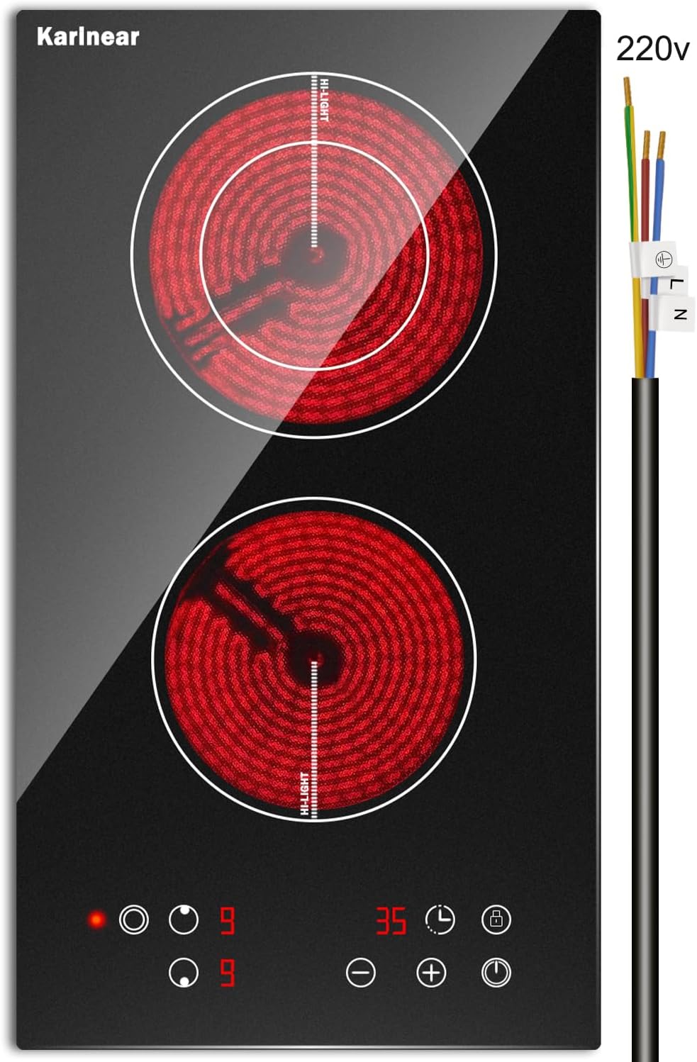 Karinear 2 Burner Electric Cooktop 12 Inch, Drop-in Electric Radiant Cooktop 220v - 240v with Child Safety Lock, Timer, Residual Heat Indicator, 3200W, Hard Wired, No Plug Electric Stove Top