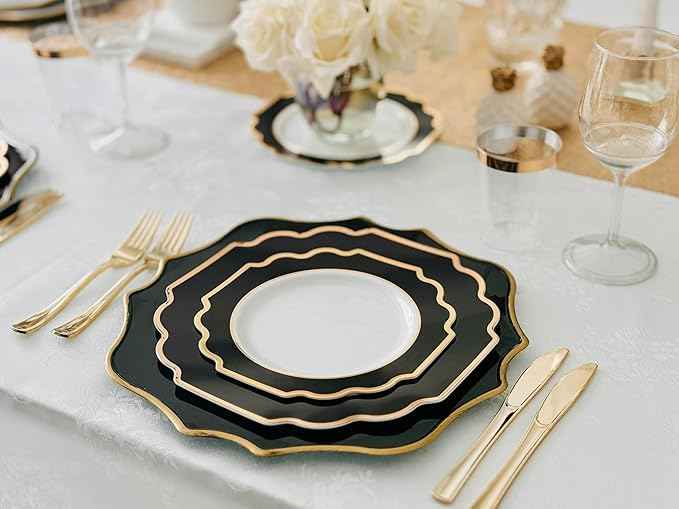 " OCCASIONS " 640 Piece set (80 Guests)-Heavyweight Wedding Party Disposable Plastic Plate Set - 80 x 10.5'' + 80 x 8'' + Silverware + Cups + Napkins (Imperial in White & Black & Gold)