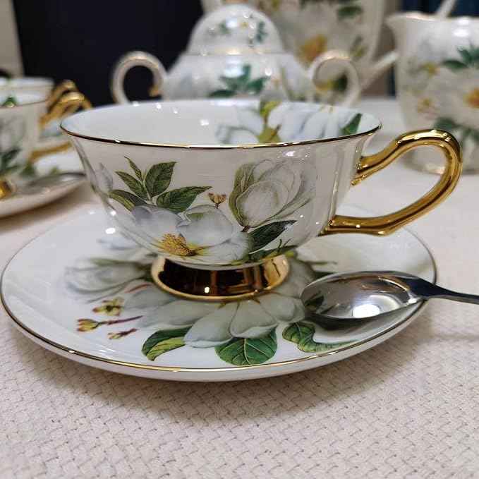 Chinese Bone China Coffee Tea Set, Retro Floral Tea Gift Set, Suitable for Christmas, Father'S Day, Birthday, Halloween Party Gifts (Camellia Tea Set)