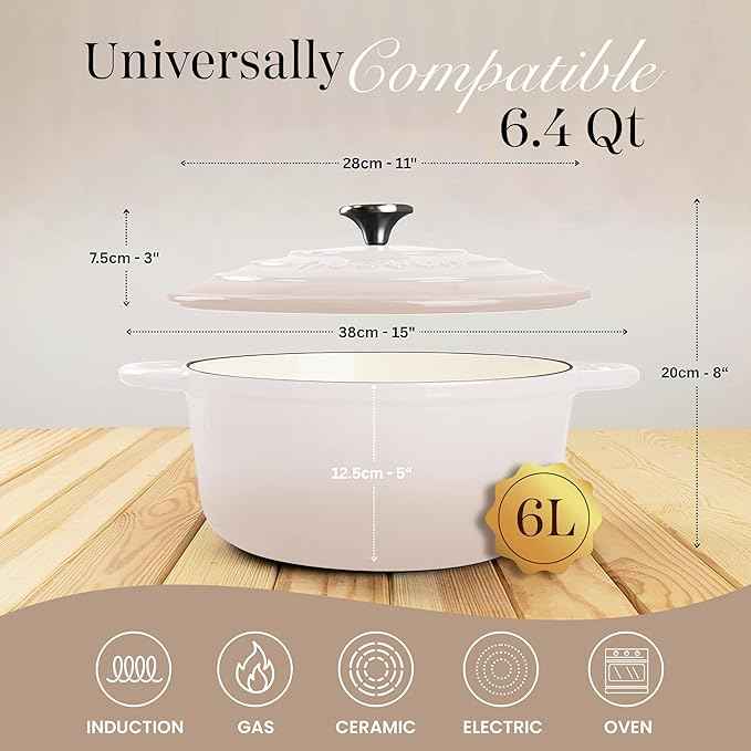 Nuovva Enamelled Cast Iron Dutch Oven Pot with Lid 6.4 Quart Non Stick Casserole Pot – Heavy Duty & Oven Safe up to 500° F for Bread Baking, Braising, Stews, Roasting – 28cm Oyster