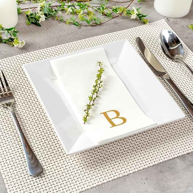 Luxenap 15.8 X 7.9 Inch Linen-Feel Guest Towels, 50 Lettered Hand Towels - Gold Letter 'B', Sans Serif Font, White Paper Dinner Napkins, airlaid, For Restrooms And Tables - Restaurantware