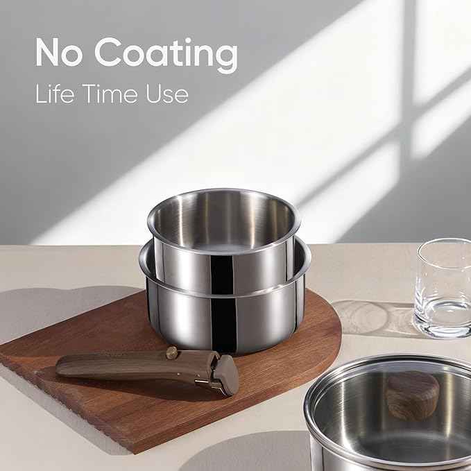 CAROTE Tri-Ply Stainless Steel Sauce Pan with Detachable Handle,1.5QT Sauce Pan & 3QT Saucepan with Lid, 5PCS Non-Toxic Induction Kitchen Stainless Steel Pot,Removable Handle,Oven Safe,Woodgrain