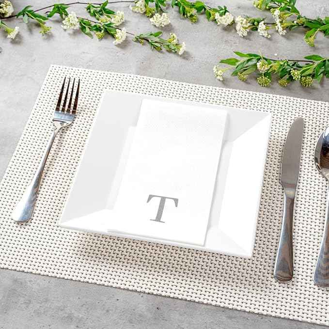 Luxenap 15.8 X 7.9 Inch Linen-Feel Guest Towels, 50 Lettered Hand Towels - Silver Letter 'T', Sans Serif Font, White Paper Dinner Napkins, airlaid, For Restrooms And Tables - Restaurantware