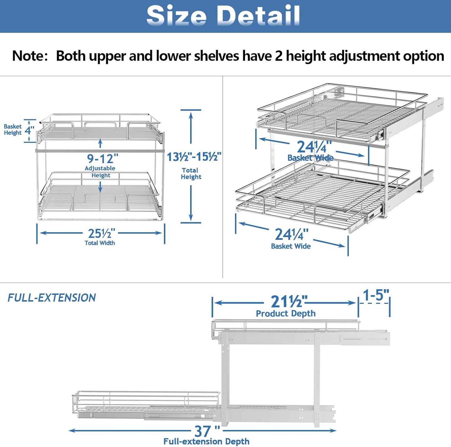 ROOMTEC Individual Pull Out Cabinet Organizer (25½"W x 21½"D), 2 Tier Spice Rack Organizer for Cabinet, Slide Out Drawer Pantry Shelf Organization and Storage for Kitchen Bathroom