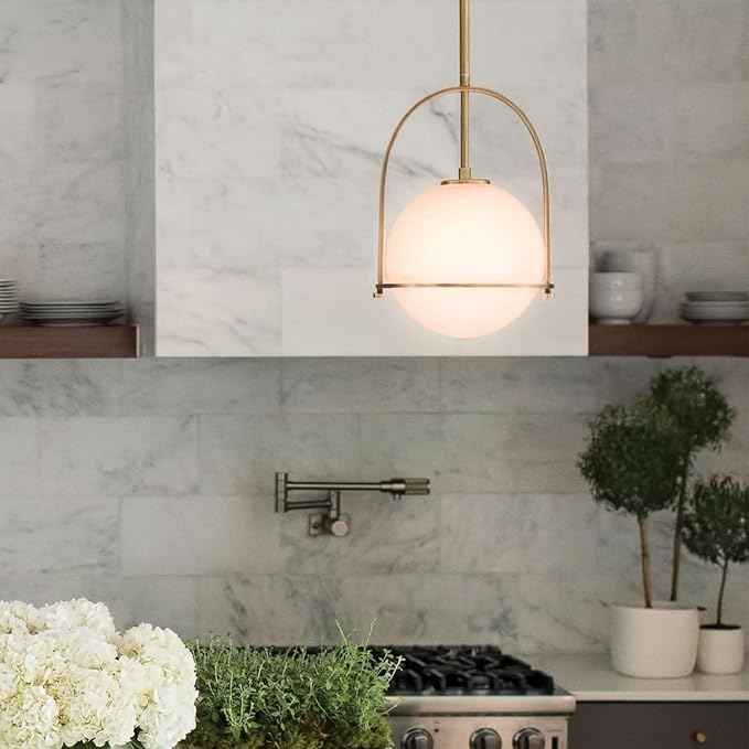 Hinkley Somerset Small Pendant Light, Etched Opal Glass Modern Globe Shade, Adjustable Height, Sloped Ceiling Compatible, Vintage-Inspired Metal Yoke Frame, Dry Rated, Heritage Brass Finish