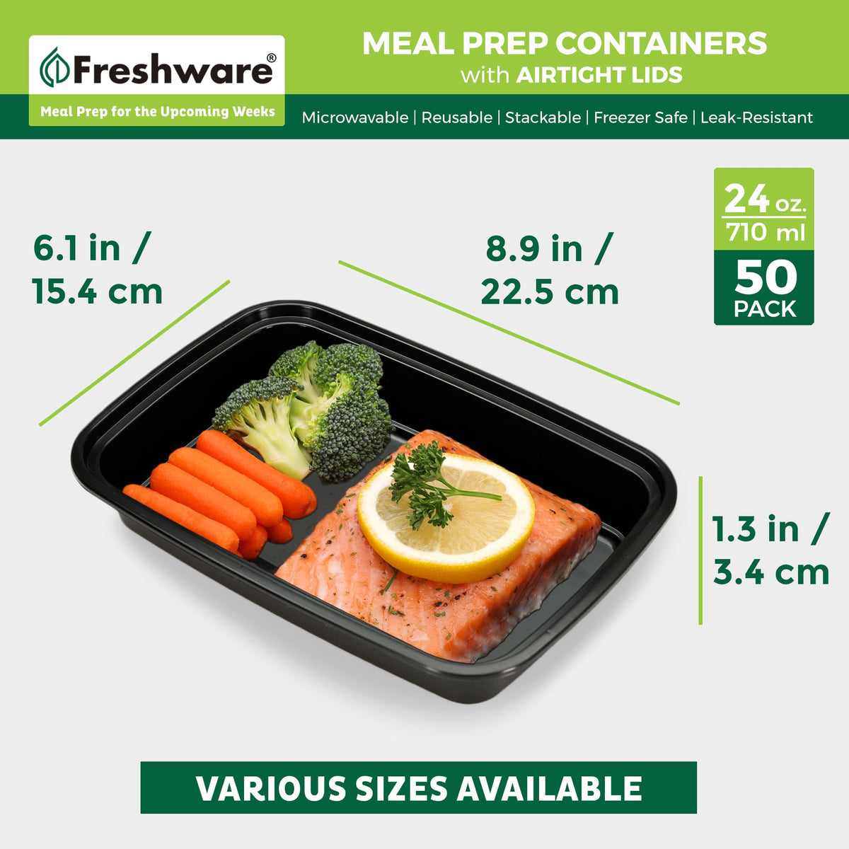 Meal Prep Containers [50 Pack] 1 Compartment with Lids (Black / 24OZ-50PK)