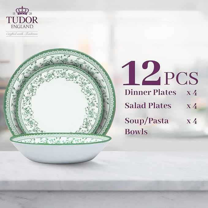 Tudor Royal 12-Piece Round Porcelain Dinnerware Set, Service for 4 - Aster Green Design, Multicolor Floral, Plates Bowls Mugs Dishes, Premium Quality Tableware, Unique Pattern, Glossy