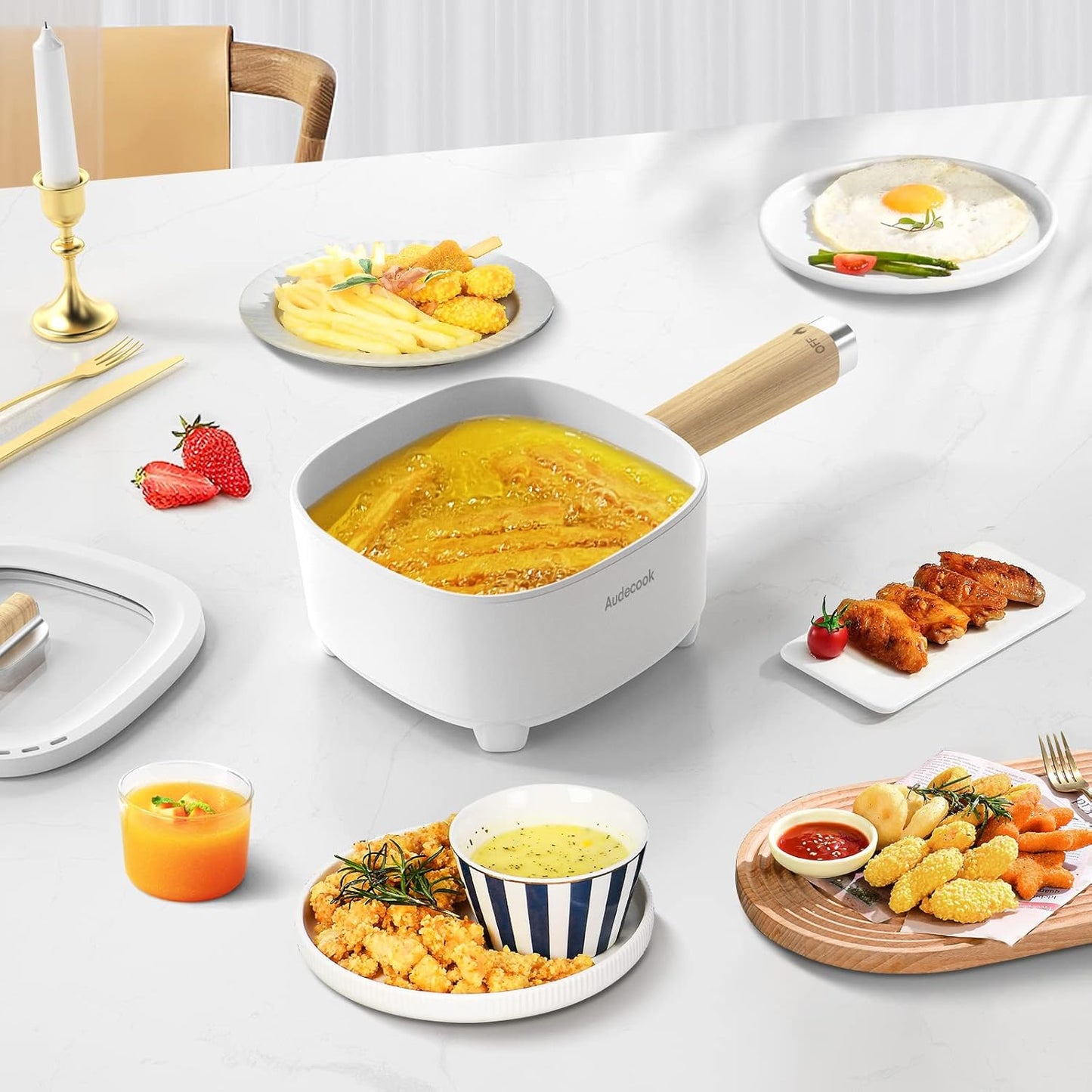 Audecook Hot Pot Electric 2L, Cermic Glaze Non-Stick Frying Pan 8 Inch, Portable Travel Cooker for Ramen/Steak/Fried Rice/Oatmeal/Soup, with Dual Power Control (Silicone Spatula Included)