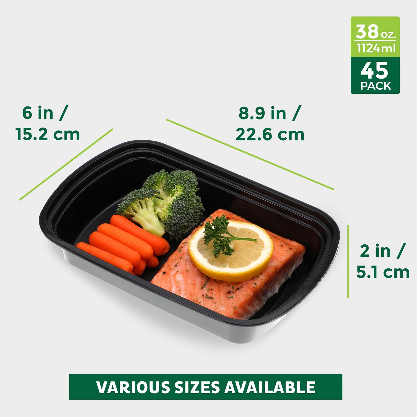 Meal Prep Containers [45 Pack] 1 Compartment with Lids (Black / 38OZ-45PK)