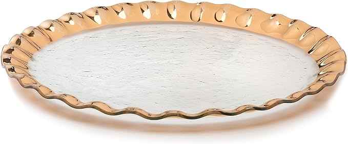 Annieglass Ruffle 20 Inch Giant Round Platter with 24k Gold, Timeless Glass Tableware for all Occasions, Made in the USA